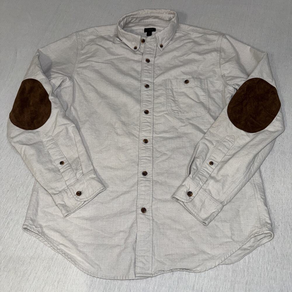 J. Crew Shirt Mens M Chamois Light Oatmeal Leather Elbow Patch Preppy EUC
